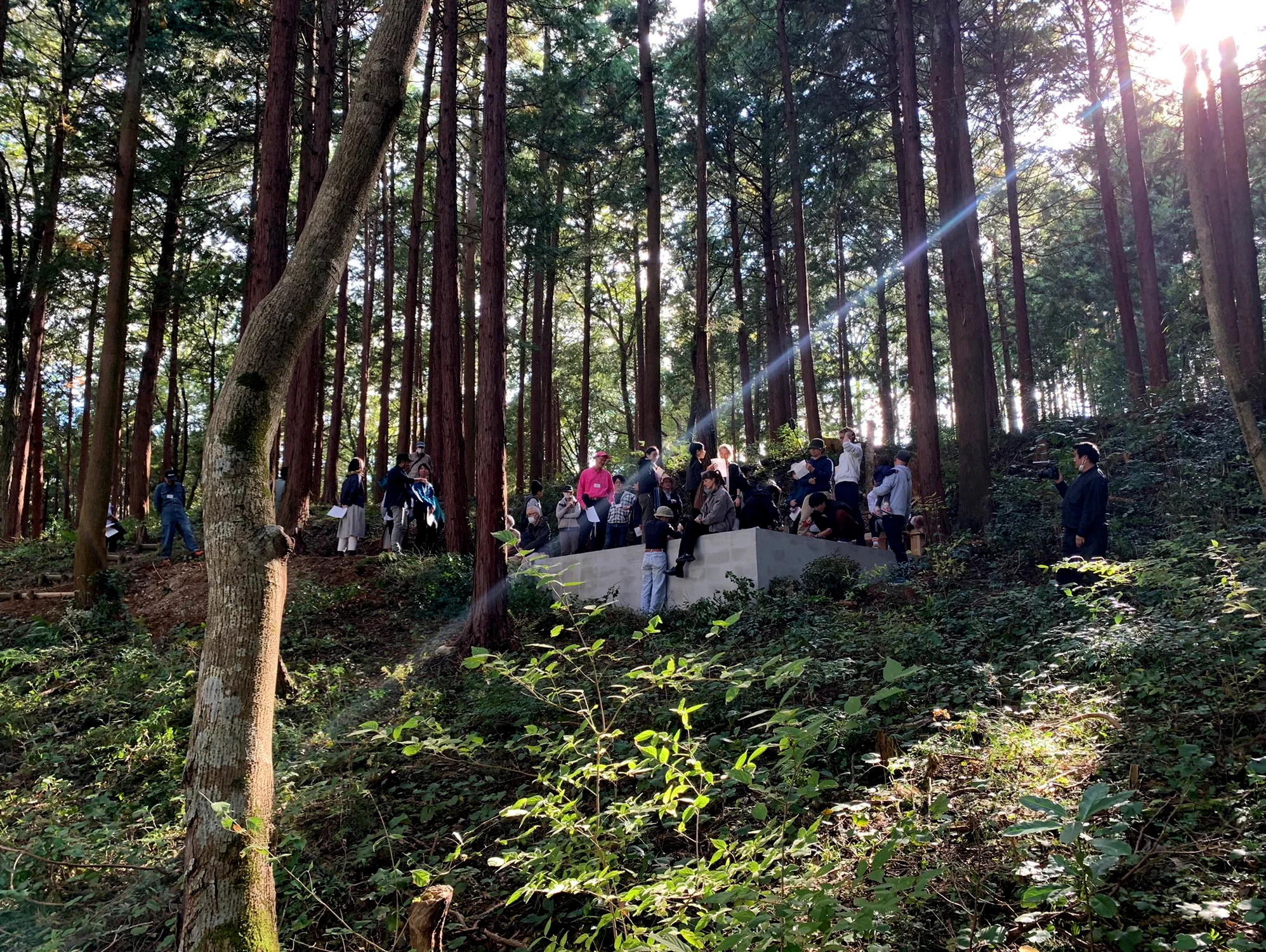Visitors gathered around Liminality, a public artwork by Ewa Wes (Wesołowska), during its inauguration in Kamiyama, Japan.