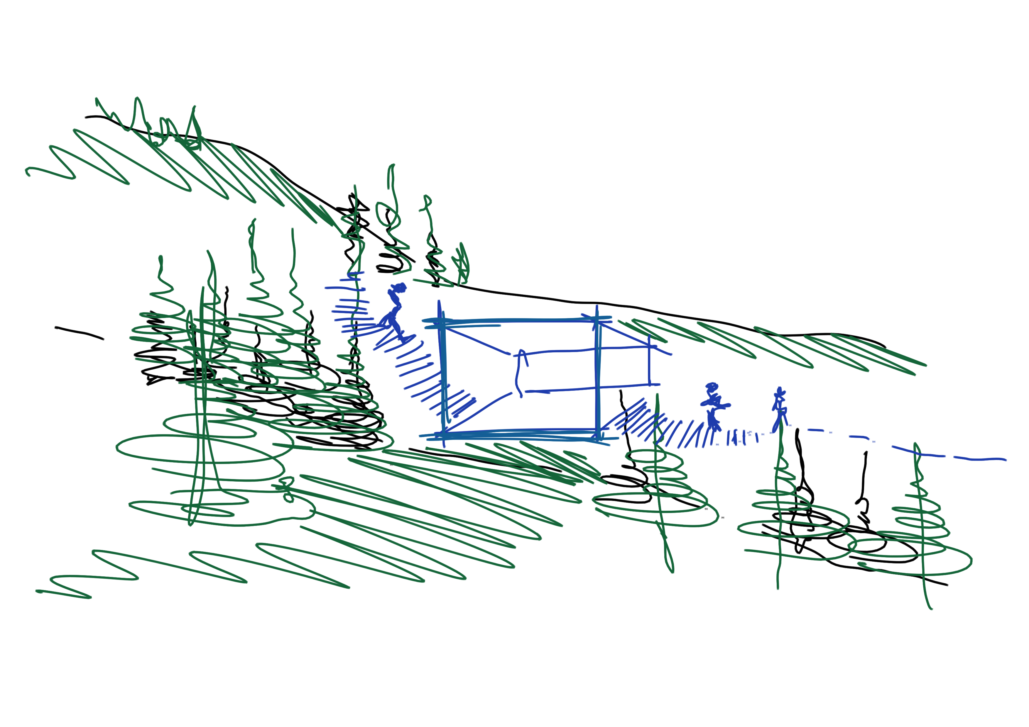 Sketch of Liminality, a public artwork by Ewa Wes (Wesołowska), depicting people passing through the cube as a liminal space in the forest.